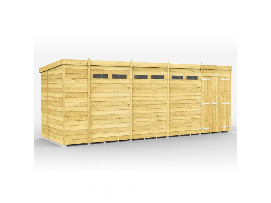 The ShedsDIY Pent Shed, 7ft wide, is a large rectangular garden storage building with a flat roof. It has small windows at the top, a front-right single door with metal hinges, and is made from light-colored timber planks using tongue and groove cladding for durability.