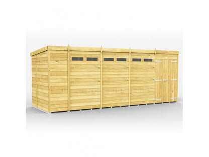 The ShedsDIY Pent Shed, 7ft wide, is a large rectangular garden storage building with a flat roof. It has small windows at the top, a front-right single door with metal hinges, and is made from light-colored timber planks using tongue and groove cladding for durability.