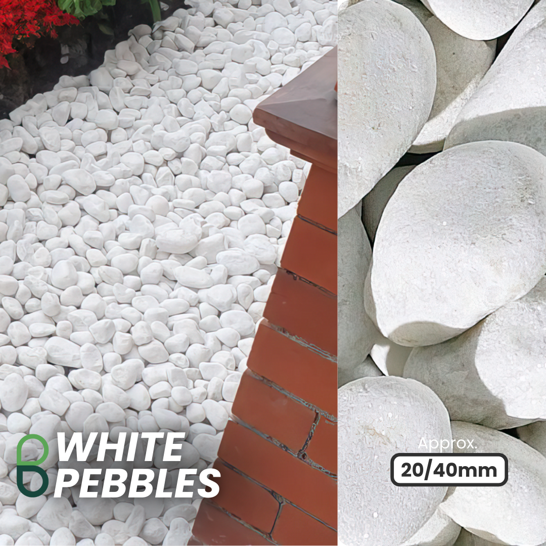 A close-up of Brisks' 20-40mm White Pebbles, ideal for landscaping, is shown alongside an outdoor space featuring similar garden pebbles. The text "White Pebbles" appears in the corner.