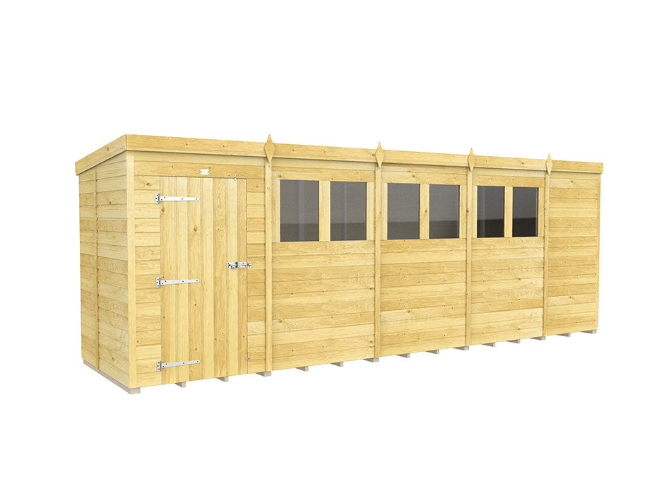 The ShedsDIY Pent Shed 5ft Wide is ideal for garden storage. It boasts tongue and groove cladding, multiple windows, a single door with metal hinges and latch, a natural wood finish, flat roof, and rectangular shape, seamlessly blending style and functionality.