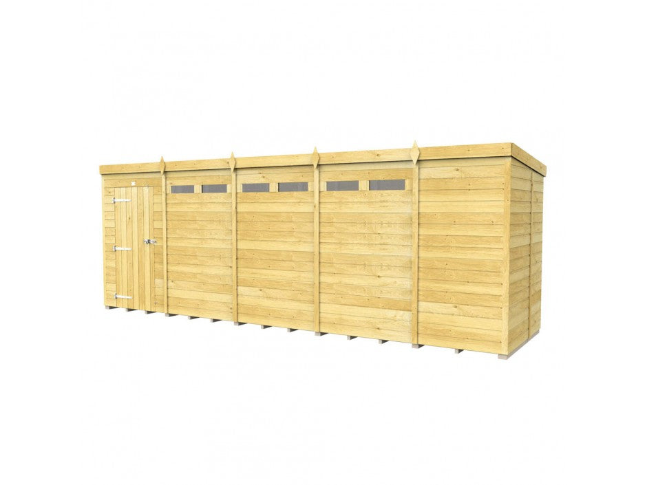 The ShedsDIY Pent Shed 5ft Wide is a long, rectangular wooden shed with tongue and groove cladding and a flat roof. It features four small windows along the top front and a left-side door with horizontal planks and a metal handle, making it ideal for garden storage against the plain white background.