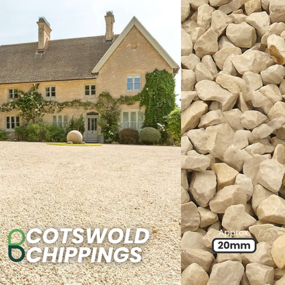 A large stone house with ivy and greenery is set behind a driveway featuring decorative gravel, described as 10-20mm Cotswold Stone Chippings. The right side showcases creamy-colored stones. Text reads "10-20mm Cotswold Stone Chippings by Brisks.