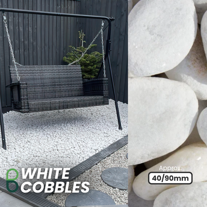 A black outdoor swing with a wicker seat is set on Brisks' 40-90mm Polar White Cobbles, ideal for landscaping. A nearby evergreen adds charm, while a close-up on the right highlights the cobbles’ smooth texture.