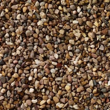 An image of small, multicolored pebbles and stones, closely packed together. The landscaping features a mix of beige Brisks 04-10mm Pea Gravel and pebbles in shades of brown, gray, and hints of red. They vary in shapes and sizes, creating a textured, natural surface.