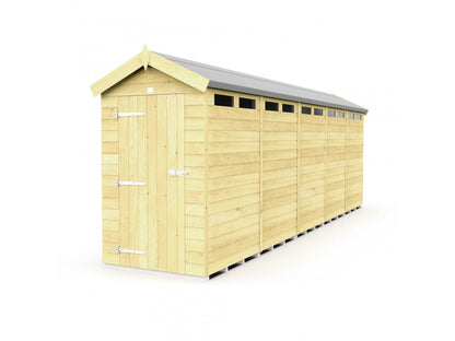 The Apex Shed 4ft Wide by ShedsDIY is a long, light wooden garden shed with a sloped roof and single door with sturdy metal hinges and latch. It includes rectangular ventilation openings near the roofline and is designed for optimal weather-resistant garden storage on any plain white backdrop.