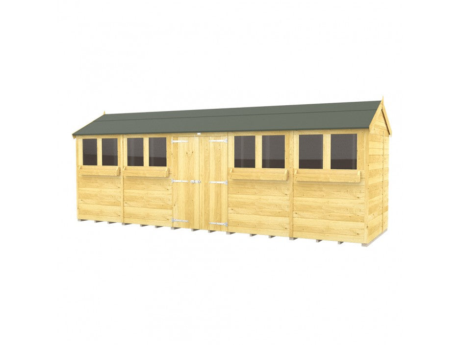 The Apex Summer Shed by ShedsDIY is a long wooden garden shed with a green gabled roof, crafted using tongue and groove construction. It features eight square windows, center double doors, and a light natural finish for stylish and sturdy garden storage.