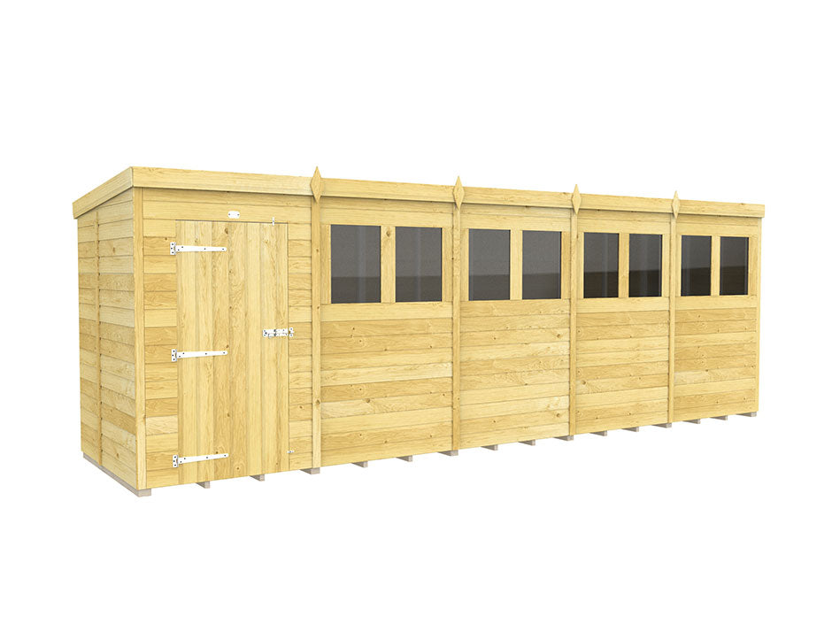 The ShedsDIY Pent Shed, 5ft wide, features slanted tongue and groove cladding, five windows, a door with metal hinges and latch, in light-colored wood. Ideal for garden storage and isolated on a white background.