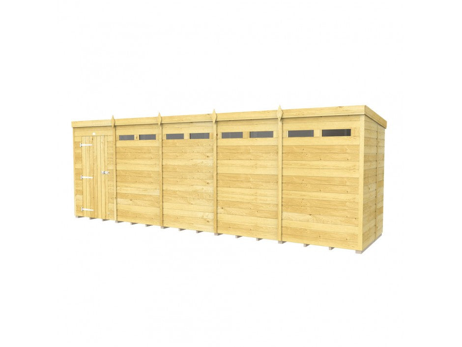 The ShedsDIY Pent Shed 5ft Wide is a modern, wooden multi-bay garage with tongue and groove cladding. It features five segments, each with a small rectangular window at the top, a side door on the left, slanted roofs, and boasts a natural wood finish.