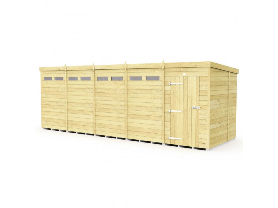 The ShedsDIY Pent Shed 7ft wide offers an elegant garden storage solution with a long rectangular design, featuring tongue and groove cladding, multiple top-aligned windows, a right-side closed door, and a flat roof that complements the light wood panels against a white background.