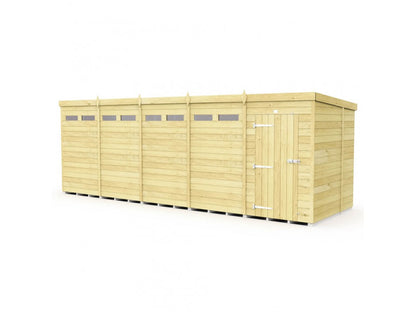 The ShedsDIY Pent Shed 7ft wide offers an elegant garden storage solution with a long rectangular design, featuring tongue and groove cladding, multiple top-aligned windows, a right-side closed door, and a flat roof that complements the light wood panels against a white background.