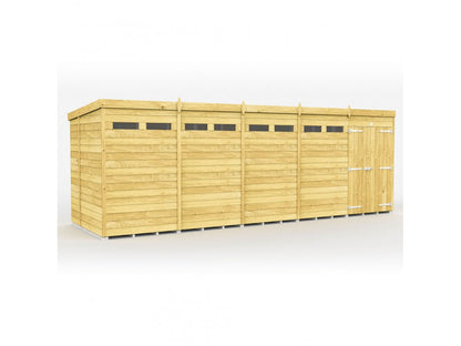 The ShedsDIY Pent Shed 7ft wide features horizontal slatted panels, tongue and groove cladding, five small rectangular windows at the top, and a single door with silver hinges on the right. It boasts a flat roof and is displayed against a white background.