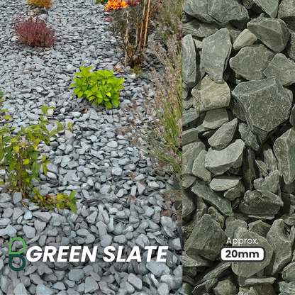 A garden path with Brisks' 20mm Green Slate Chippings bordered by vibrant plants on the left, and a close-up of textured stones on the right. Text reads "Green Slate" and "Approx 20mm," perfect for landscaping enhancements.