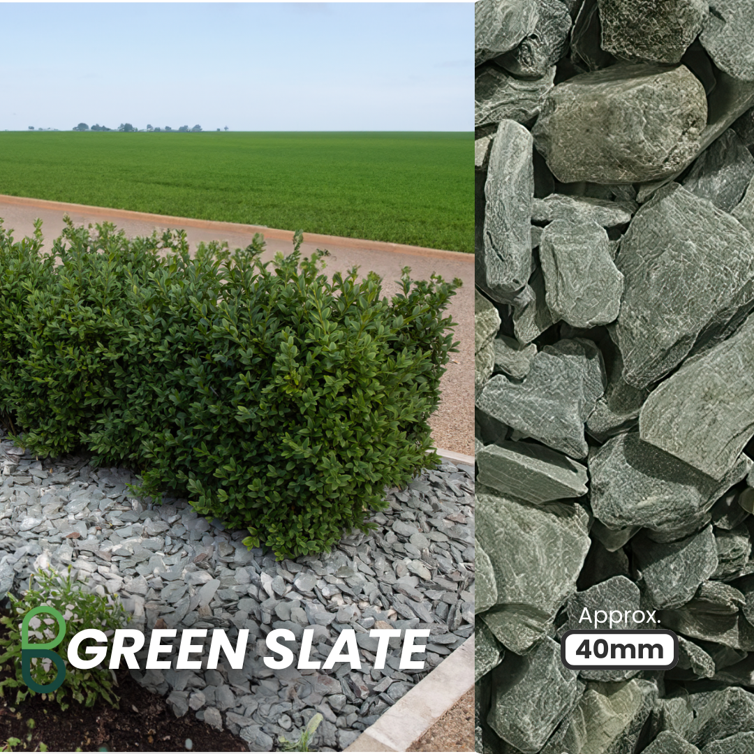 The image shows a garden with a lush bush surrounded by Brisks 40mm Green Slate Chippings, ideal for landscaping. On the right, a close-up highlights these versatile chippings with "Green Slate" text at the bottom left and fields extending into the distance.