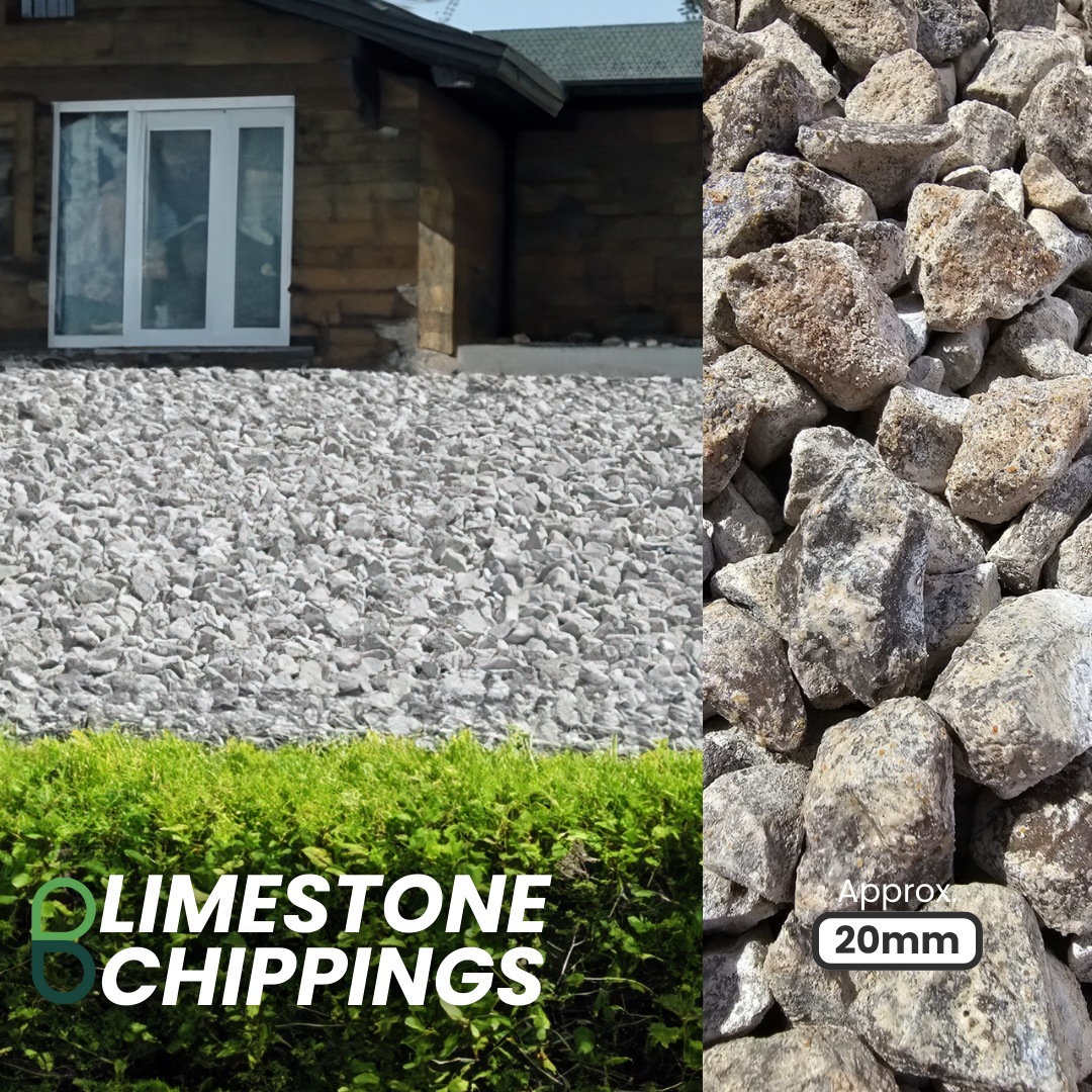 A house features a gravel driveway and green hedge. On the right, Brisks 10–20mm Limestone Chippings are shown in a close-up, highlighting their distinctive grey color. Text reads: "Brisks Limestone Chippings" and "Approx 20mm.