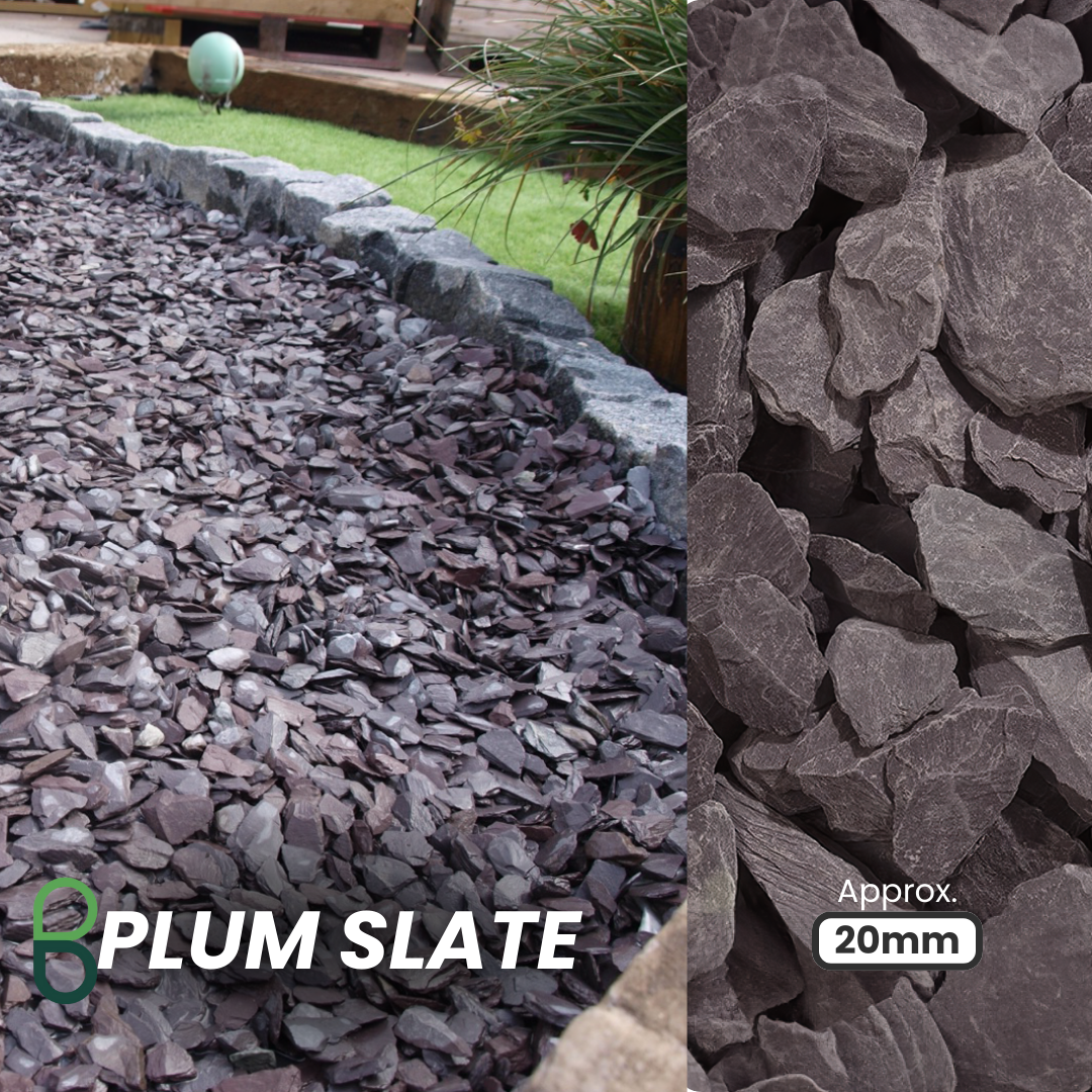 The image features a peaceful garden with a lilac-tone ground cover of Brisks 20mm Plum Slate Chippings, framed by lush grass and stone edging. A close-up highlights the slate's texture and size, with "Plum Slate" prominently shown, perfect for outdoor landscaping.