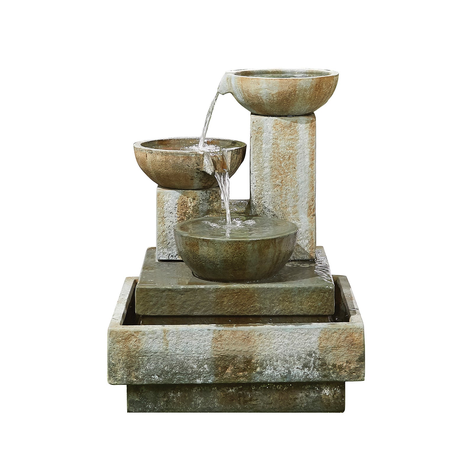 The Patina Bowls by La Hacienda is a multi-tiered stone fountain made from glass fibre reinforced concrete. It showcases patina bowls at different heights, elegantly allowing water to cascade. The self-contained water feature stands out against a plain background, emphasizing its earthy texture and design.