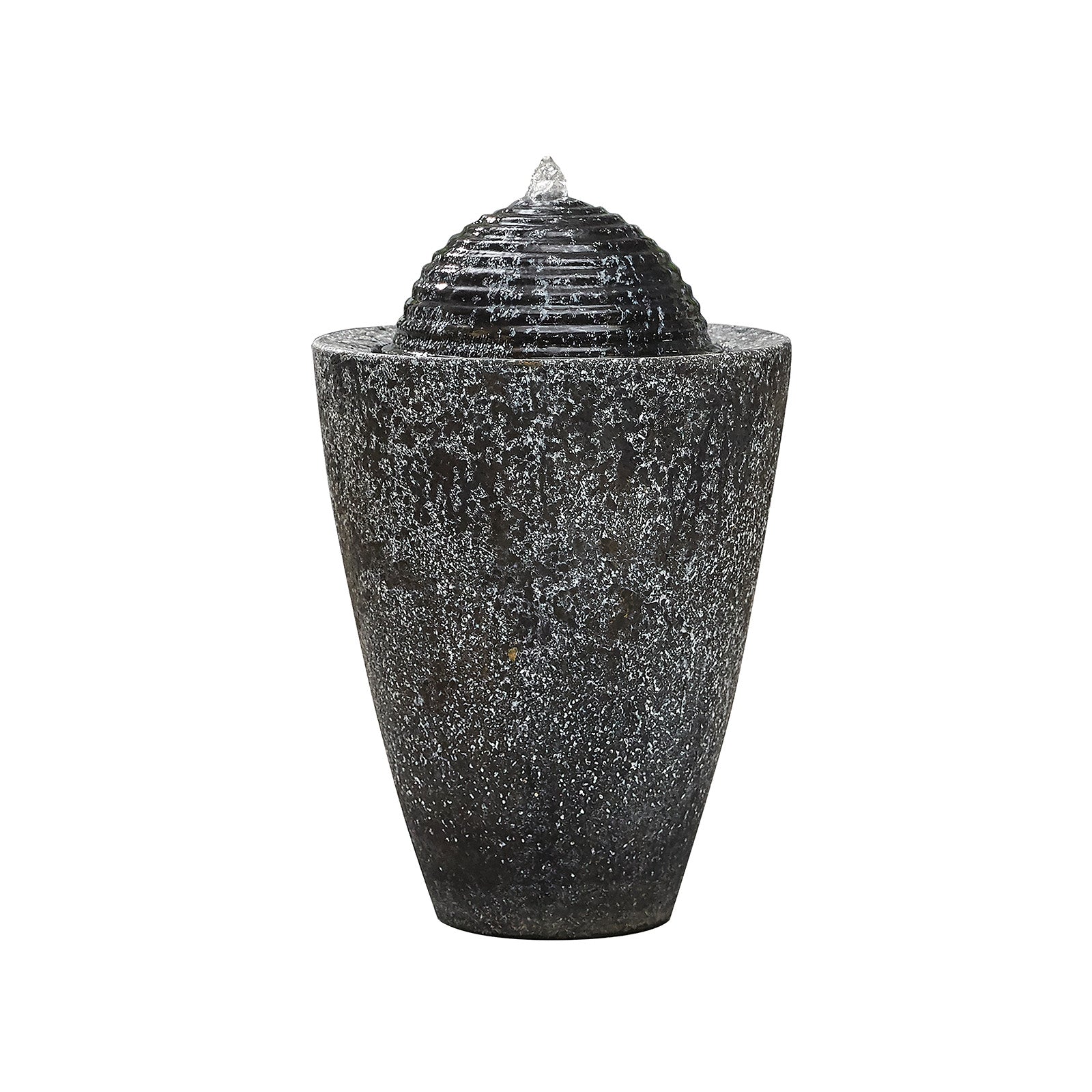 Introducing the Dappled Column by La Hacienda: a dark, textured, cylindrical outdoor water feature with a ribbed, dome-shaped top. This elegant piece includes a recirculation pump that allows water to flow gently from the top, creating a soothing ambiance. Its speckled surface not only enhances its rustic charm but also adds a contemporary touch.