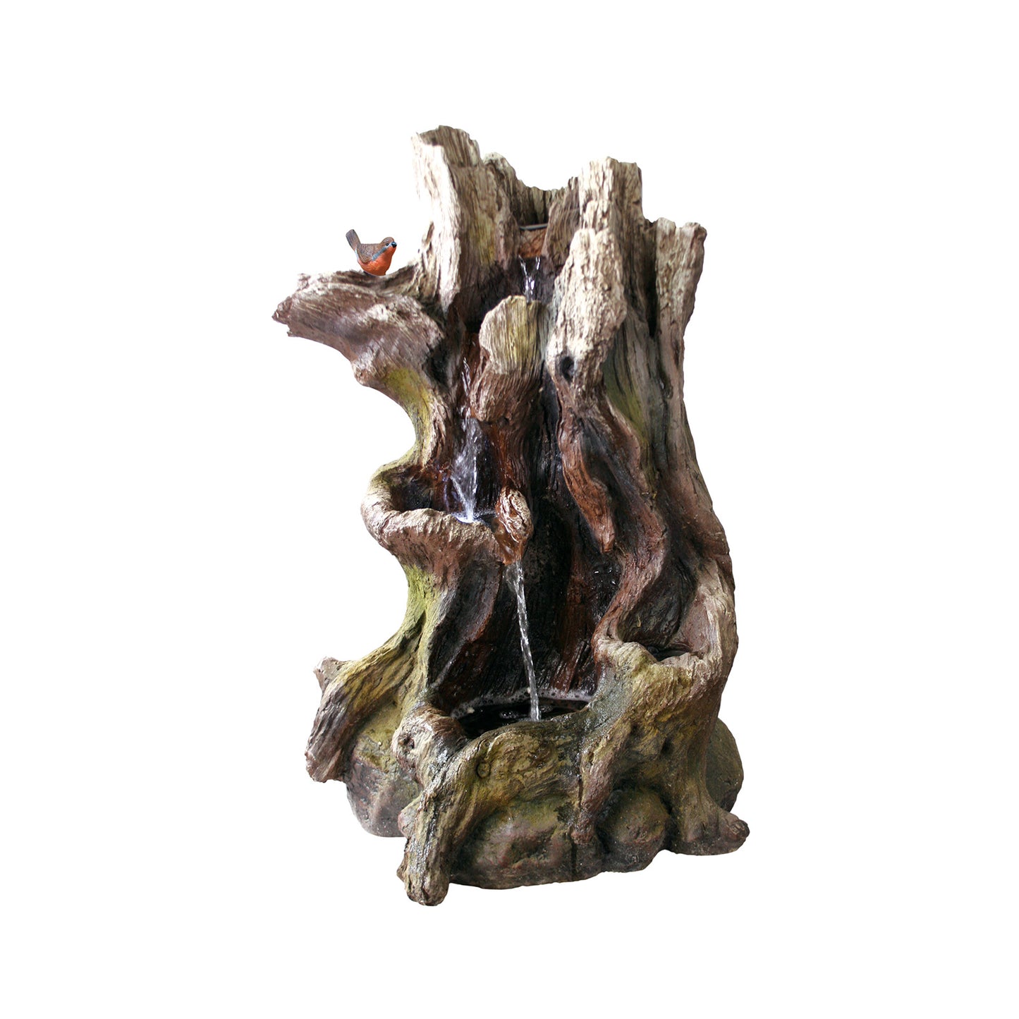 Introducing the La Hacienda Willow Spills inc LEDS: a decorative fountain featuring a tree stump design with lifelike textures and a small bird perched atop. This captivating water feature includes LED lights, highlighting water as it cascades over intricate wood and moss details against a simple white backdrop.