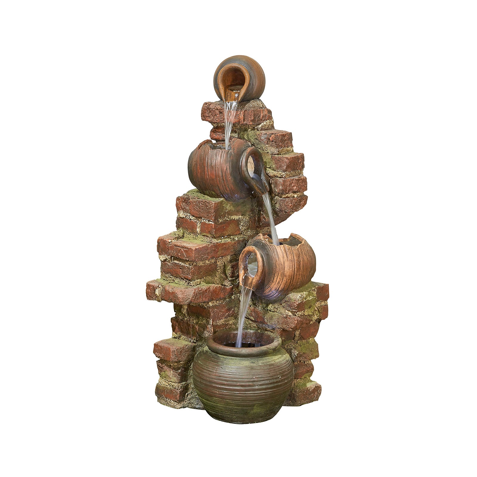 This decorative water fountain, known as the Flowing Jugs inc LEDS by La Hacienda, features a charming tiered design with four clay pots and brick accents. Water gracefully cascades from the top pot downwards, creating a soothing effect. Its rustic, earthy appearance makes it an ideal enhancement for your garden decor.