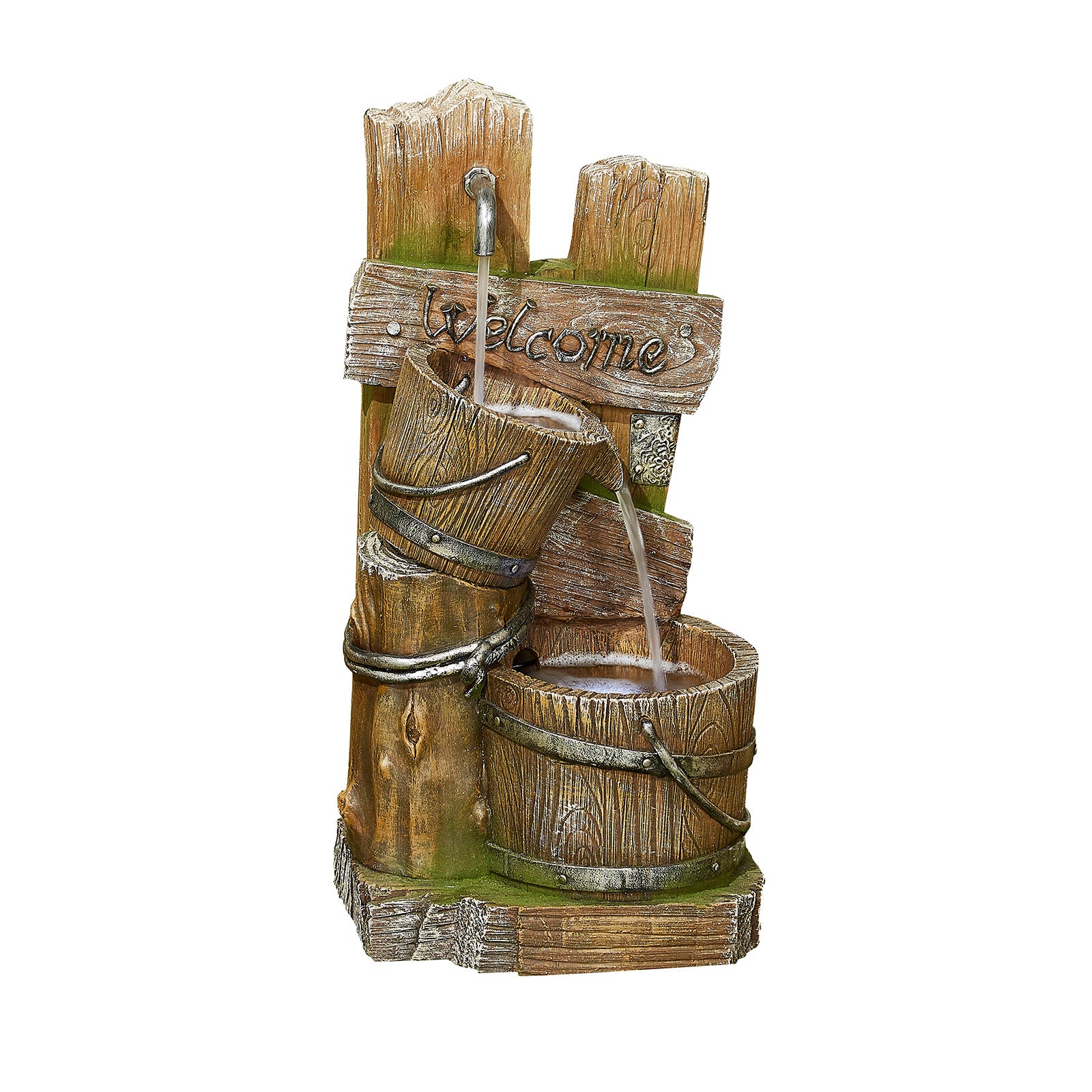 Introducing the "Fence Post Pours inc LEDS" by La Hacienda—a rustic garden decor piece that features two wooden buckets with water gracefully cascading between them, all mounted on weathered wooden posts. The word "Welcome" is elegantly carved above, and the mossy finish enhances its natural and inviting charm.