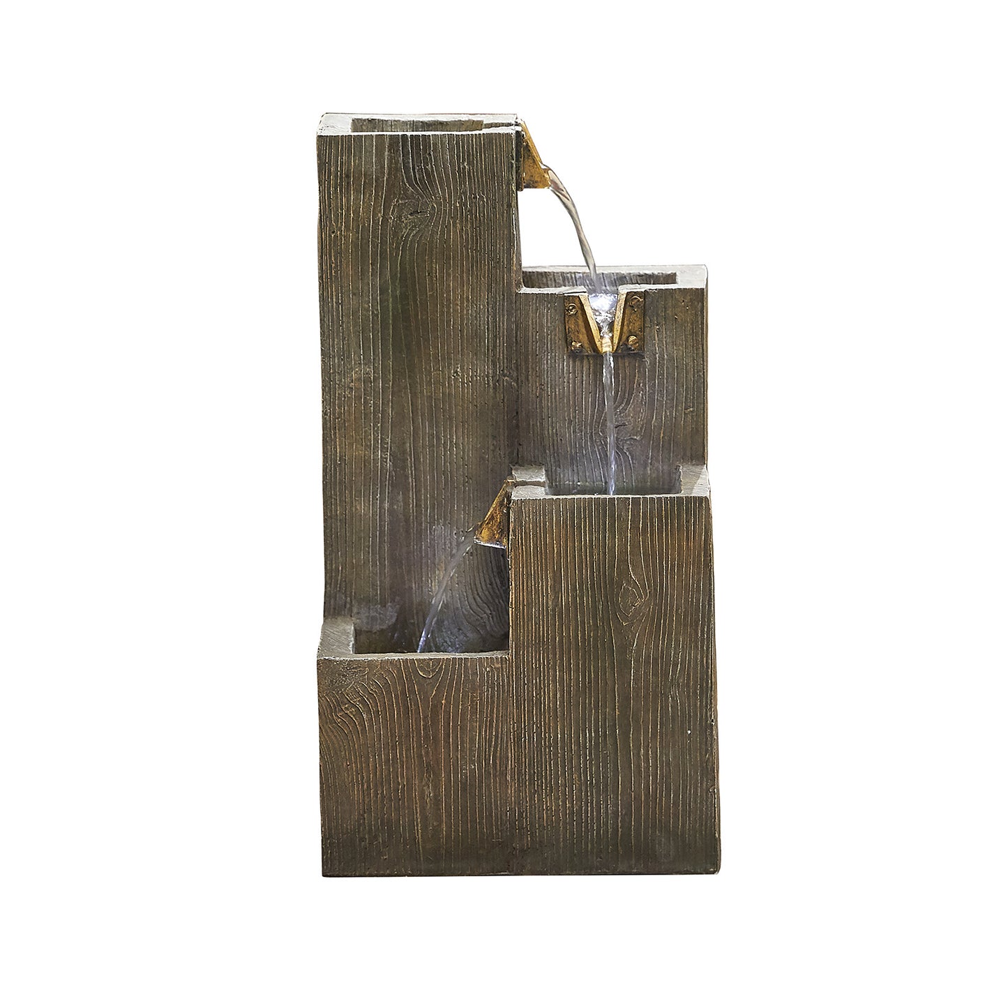 The Coastal Sleepers inc LEDs by La Hacienda is a vertical, rectangular fountain featuring a wood-textured design with two tiers. Water gracefully cascades from the top tier to the bottom over bronze-colored spouts, forming a tranquil water feature.