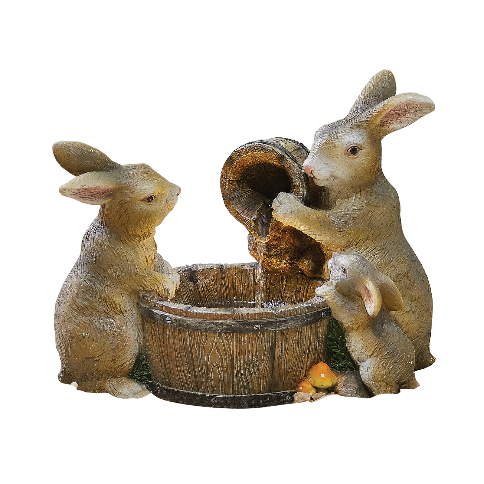 In the La Hacienda Playful Bunnies inc LEDs water feature, three sculpted rabbits gather around a wooden bucket. One rabbit pours water from a wooden jug while the others watch, softly lit by LED lights. Small mushrooms at the base add to the charm of this delightful indoor ornamental piece.