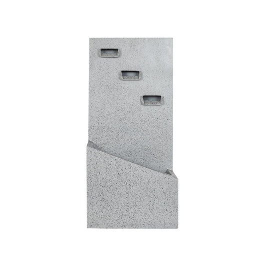 Introducing the Trinity Falls with LEDs by La Hacienda, a minimalist gray concrete wall planter featuring a speckled texture and designed with four rectangular cutouts for plants. This contemporary piece serves as stylish garden decor, infusing your space with modern geometric elegance, ideal for complementing any outdoor water feature.