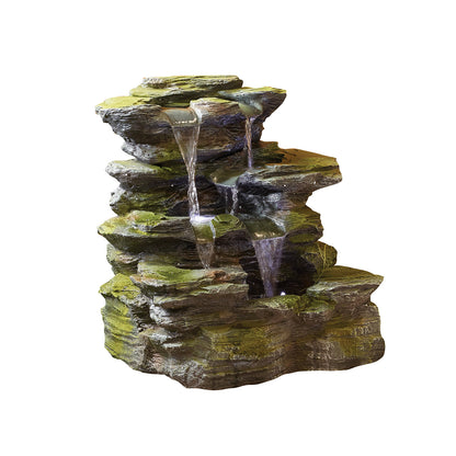 The Como Springs inc LEDS by La Hacienda is a decorative indoor water fountain made from durable resin, designed to mimic a natural rock formation. It features water cascading down moss-covered tiers illuminated by LED lights, creating a tranquil and calming atmosphere.