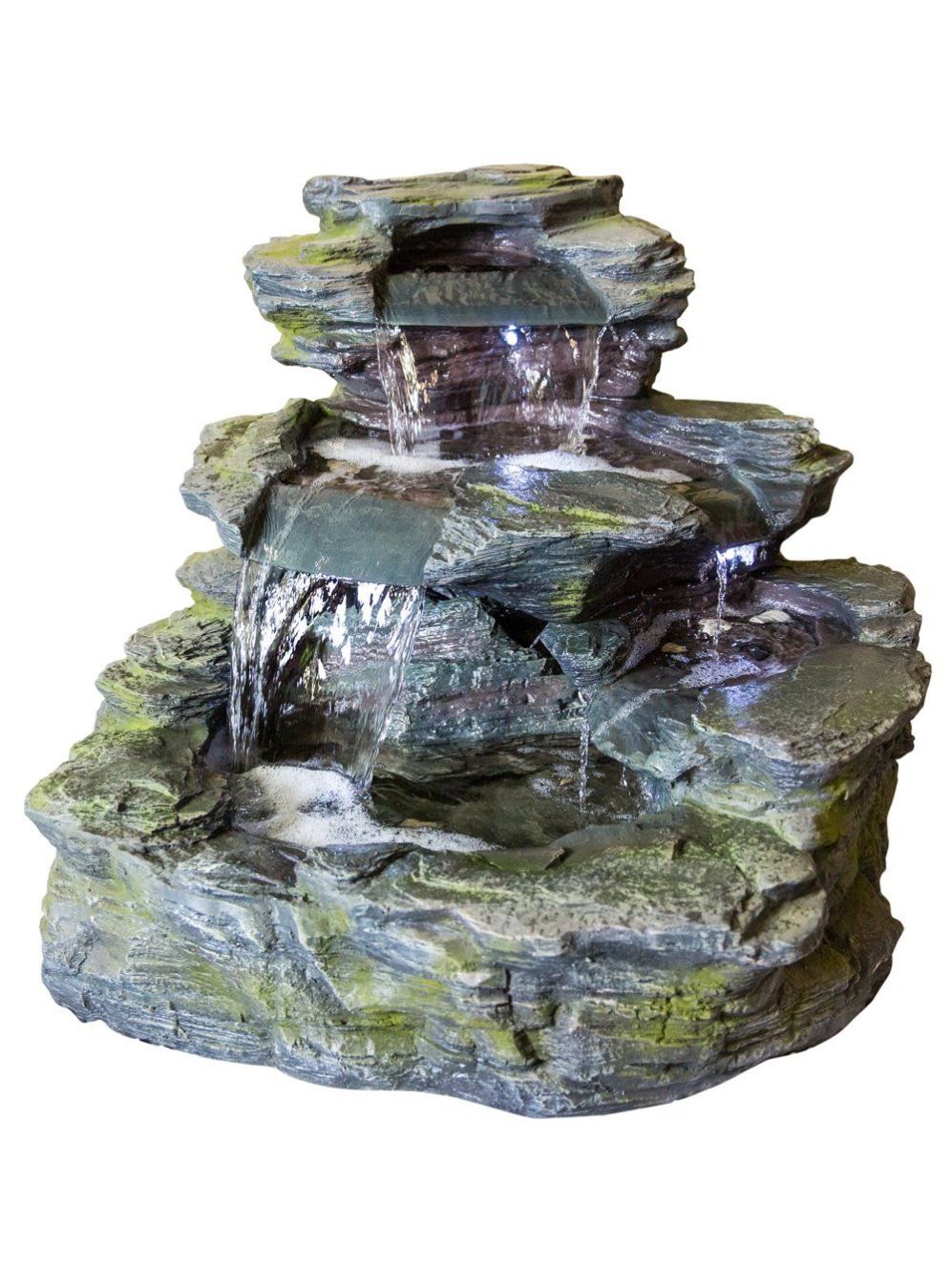 The Garda Falls inc LEDS by La Hacienda is a multi-tiered fountain, designed to resemble stone, with water cascading over its various levels for a calming effect. Made from durable resin, it captures the look of natural rock with green moss accents and features soft LED lights for a magical glow.