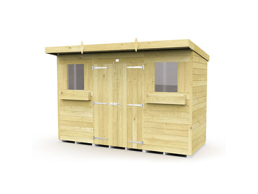 The Pent Summer Shed by ShedsDIY is a wooden garden shed with a flat roof, two front windows, and double doors. Made from light-colored wood with tongue and groove planks and metallic door hinges, it offers ideal garden storage.