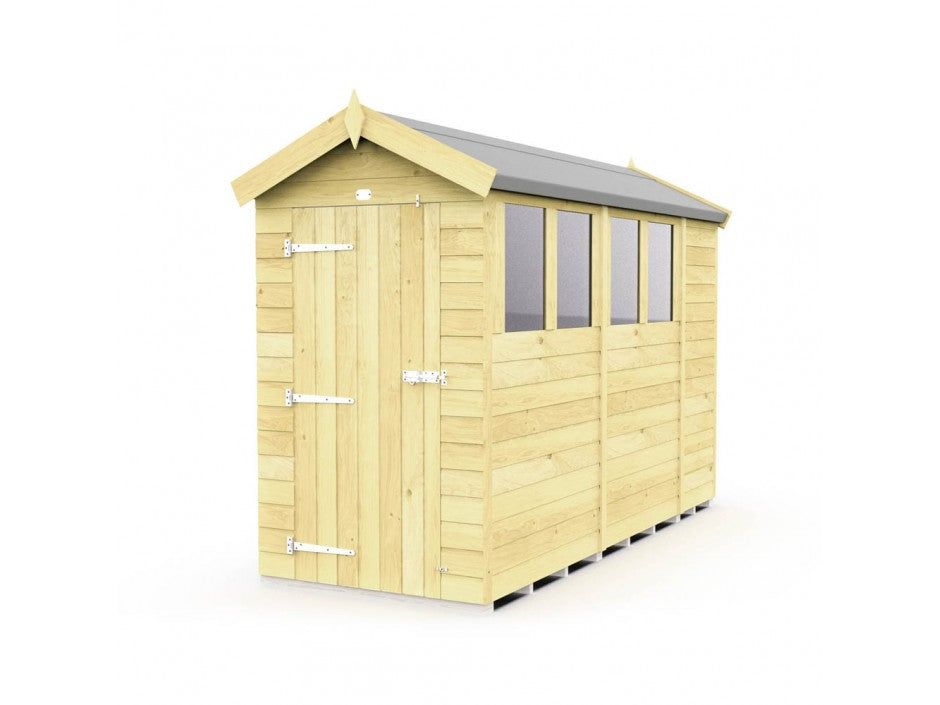 The Apex Shed 4ft Wide by ShedsDIY is a weather-resistant wooden garden shed featuring a pitched roof and light wood finish. It includes a single door with metal hinges on the left and four rectangular windows on the right side, providing practical garden storage.