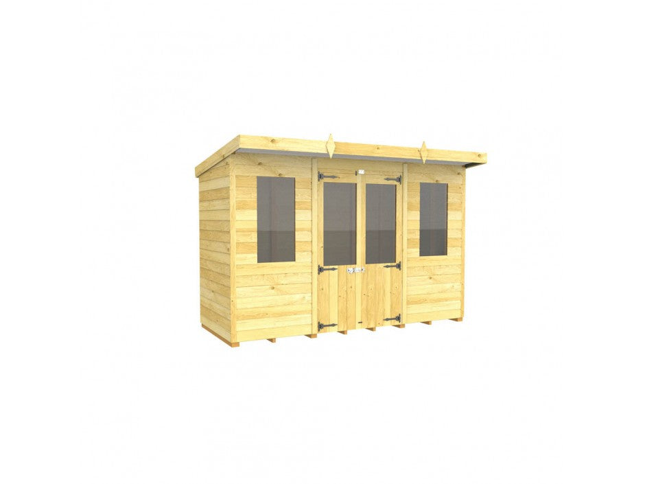 The Pent Summer House by ShedsDIY is a wooden garden building with a flat roof, ideal for summer use. It features two front windows and double doors for ample light and access. With a natural wood finish, modern design, and weather resistance, it's perfect for year-round use.