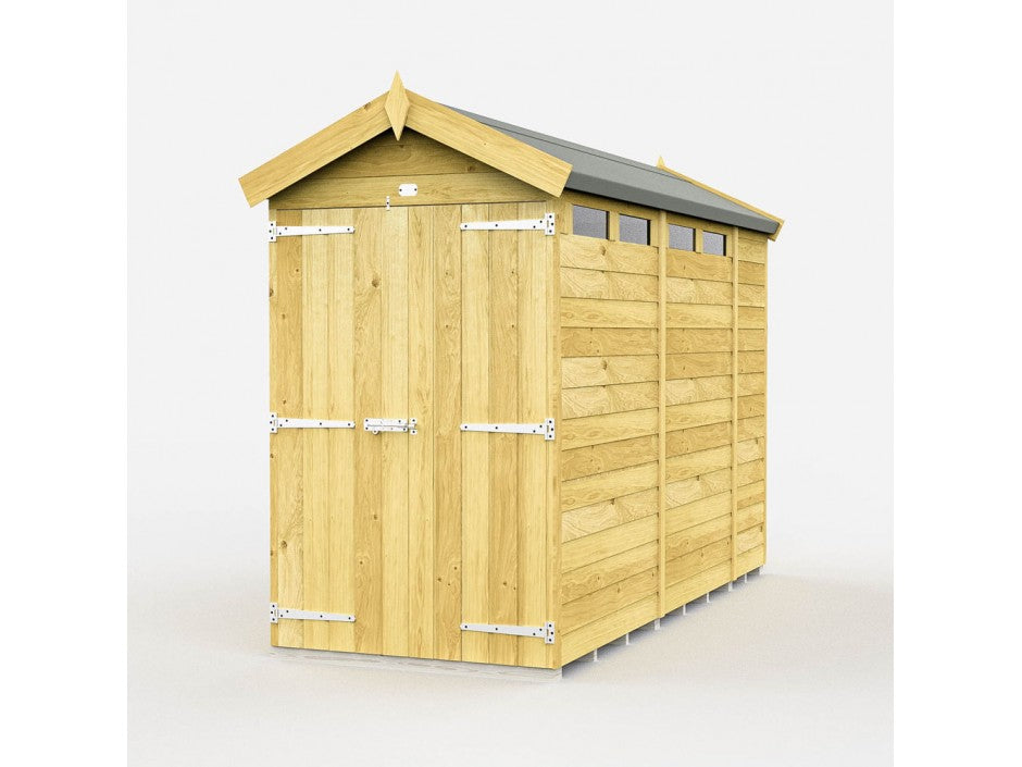 ShedsDIY's Apex Shed 4ft Wide: This wooden shed with a pitched roof and metal hinges is perfect for garden storage. It features three small rectangular windows near the top and a weather-resistant design, ensuring durability in all conditions.