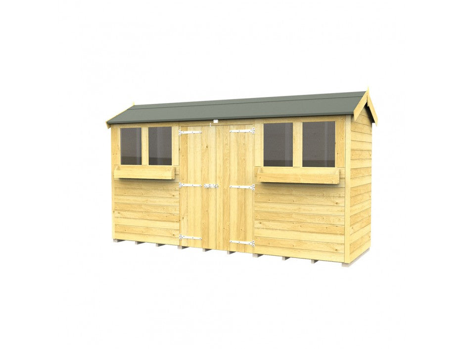 The ShedsDIY Apex Summer Shed features a classic peaked roof and light wood finish with tongue and groove construction. It includes a central door with metal hinges, handles, and two large windows, offering an ideal garden storage solution with its contrasting dark roof.