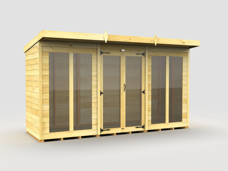 The Pent Summer House by ShedsDIY is a stylish wooden garden shed with large glass panels, double doors, and visible hinges. Featuring a flat roof and weather-resistant design, it's perfect for garden storage. Set against a gray background, it offers durability and elegance to any outdoor space.