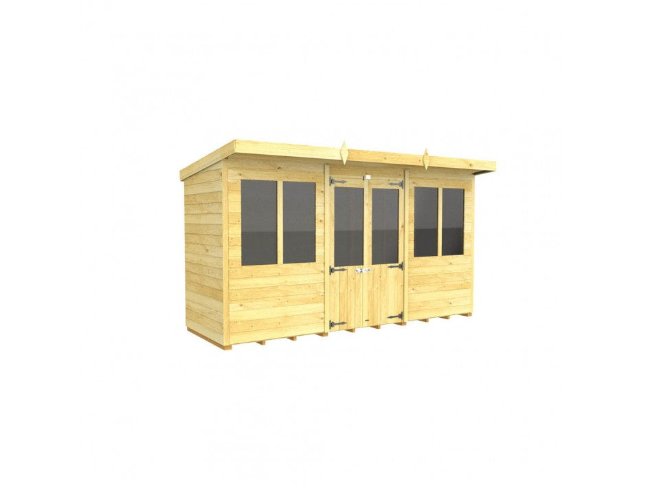 The Pent Summer House by ShedsDIY features a flat roof, two large windows flanking the central double door, and serves as both a garden office and storage. Crafted from light-colored wood panels, its simple modern design is weather-resistant for lasting durability.