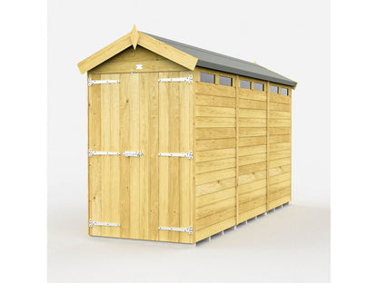 The ShedsDIY Apex Shed 4ft Wide boasts a sloped roof and double doors for convenient garden storage. Its horizontal paneling, small rectangular windows near the roof, and weather-resistant design make it an elegant addition against a light gray backdrop.