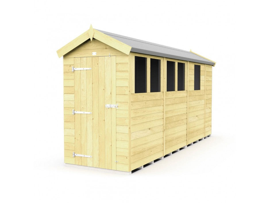 The ShedsDIY Apex Shed 4ft Wide is perfect for garden storage, boasting a light wooden build with a sloped roof and weather-resistant features. It includes a front door with metal hinges, a latch, and multiple rectangular side windows, all set against a plain white background.