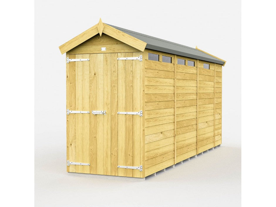 The ShedsDIY Apex Shed 4ft Wide features a pitched roof, sturdy metal hinges on double doors, narrow windows, and horizontal paneling. This weather-resistant wooden garden shed has a contrasting dark roof and stands elegantly against a plain white backdrop, perfect for garden storage.