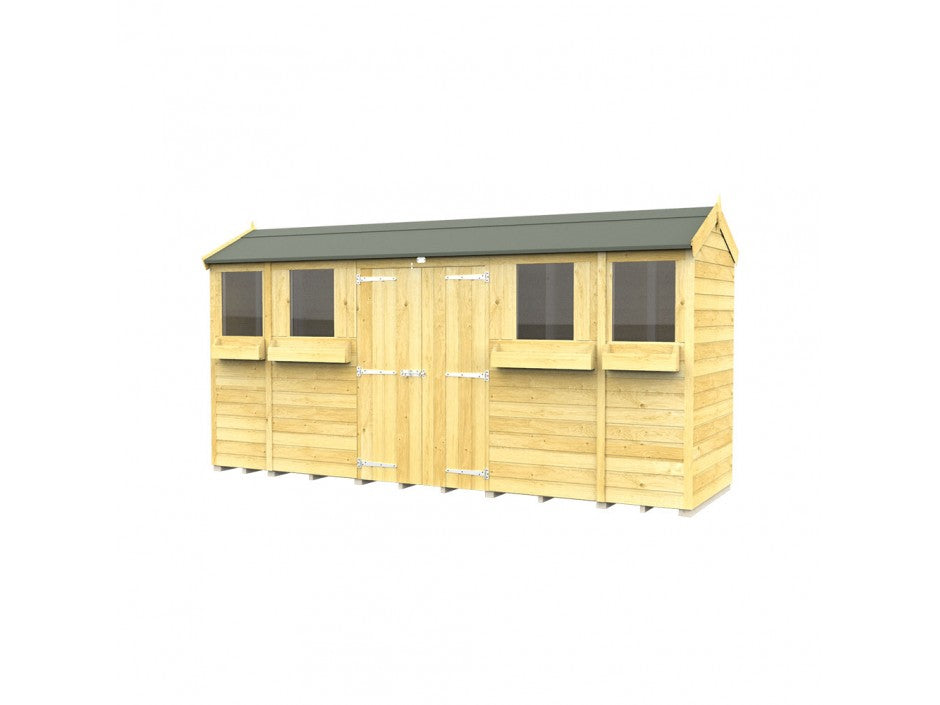 The Apex Summer Shed by ShedsDIY features a wooden design with a green roof and metal hinges ideal for garden storage. It has tongue and groove construction, three windows on each side of the central double doors, and a natural wood finish that stands out against a white background.