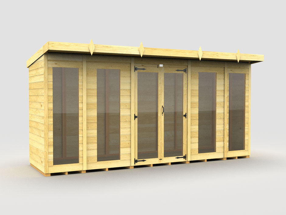 The Pent Summer House by ShedsDIY is a modern wooden garden shed with large glass panels, a flat roof, and decorative triangular accents. It combines a natural wood finish with weather-resistant features for an ideal blend of style and durability.