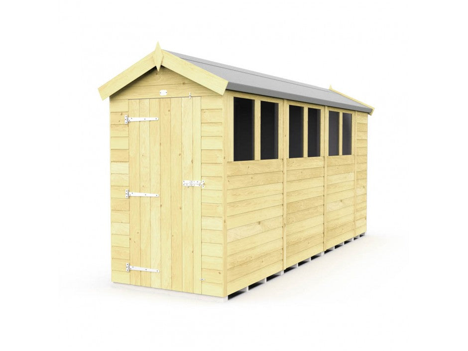 The ShedsDIY Apex Shed 4ft Wide is a practical garden storage solution featuring a sloped roof, multiple windows, and a single left-hinged door. Made from light-colored, weather-resistant wood, its design is simple yet functional.