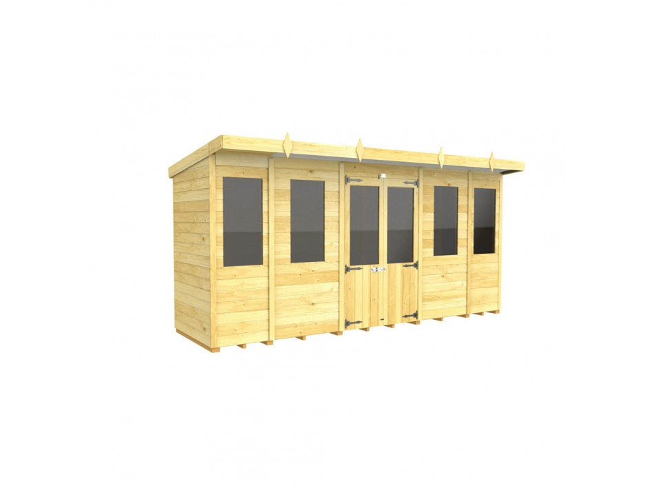 The ShedsDIY Pent Summer House is a weather-resistant garden storage solution featuring a flat roof, vertical front windows, and central double doors that reflect this design. Made of light-colored wood, it combines modern appeal with functionality for all your outdoor needs.