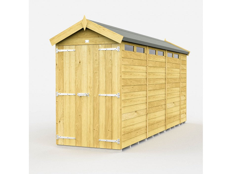 Introducing the ShedsDIY Apex Shed 4ft Wide, a wooden garden storage solution with a pitched roof and small windows. This weather-resistant shed features double-door access, horizontal wood paneling, and sturdy metal hinges against a plain white backdrop.