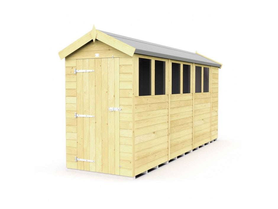 The ShedsDIY Apex Shed 4ft Wide is a wooden garden shed with a pitched roof and five side windows, offering excellent storage. It features a single door with metal hinges and latch on a white background, crafted from light-colored, weather-resistant wood panels.