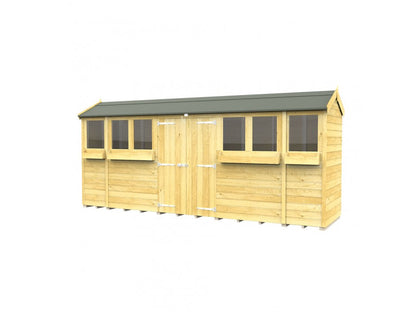 The ShedsDIY Apex Summer Shed is a long, rectangular wooden storage unit with a green roof, central double doors with visible metal hinges, and four side windows. Its light wood color and tongue and groove construction enhance its simple design.