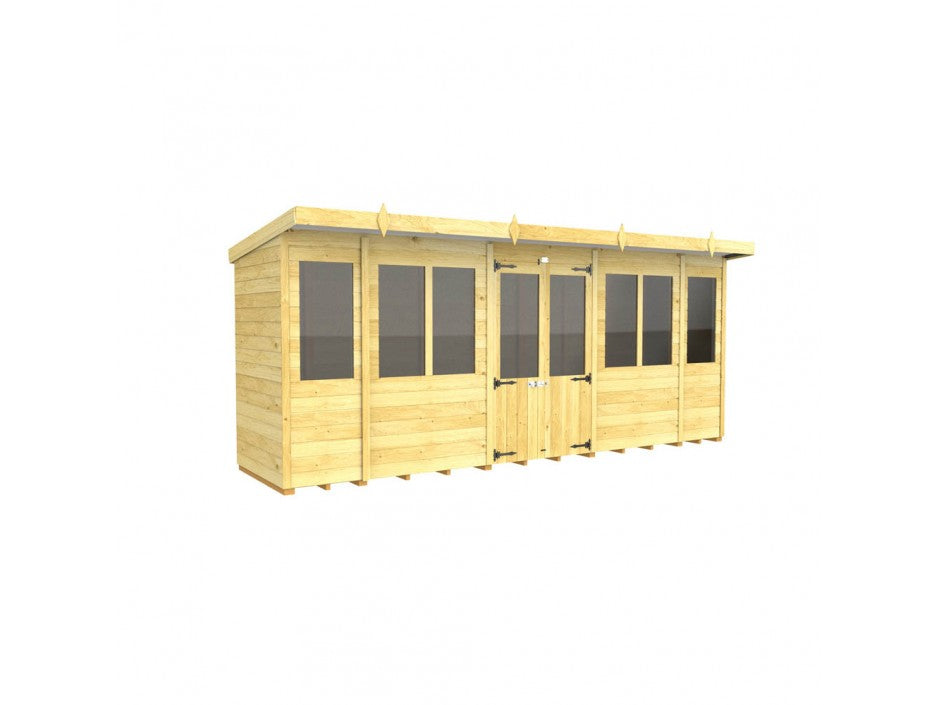 The ShedsDIY Pent Summer House is perfect for garden storage, featuring multiple windows and a central double door. Its flat roof and light wood planks add to its weather-resistant design, creating an elegant standalone unit on a plain white background.