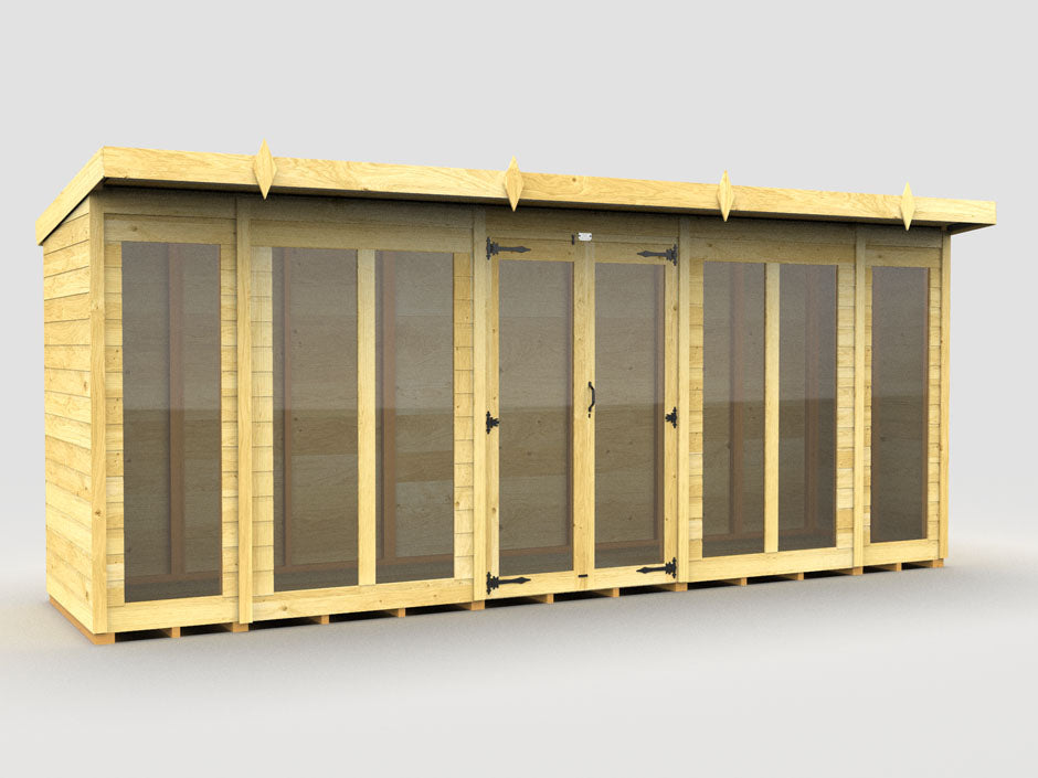The ShedsDIY Pent Summer House is a weather-resistant wooden structure with a modern design, multiple glass doors and panels, and a flat roof. Its natural wood texture and symmetrical layout make it perfect for summer houses set against neutral backgrounds.