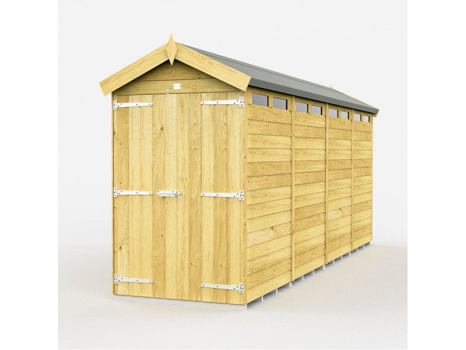 The ShedsDIY Apex Shed 4ft Wide features a gabled roof and metal hinges, providing weather-resistant garden storage. A row of windows near the roofline adds charm, all set against a plain white background.