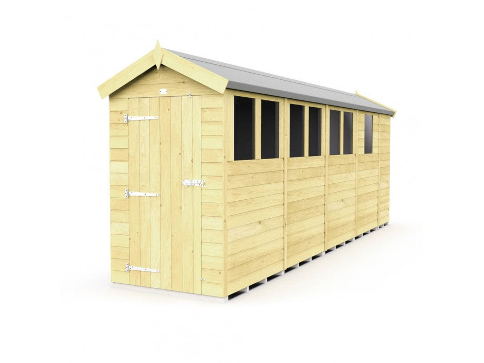 The ShedsDIY Apex Shed 4ft Wide is a light wood garden storage solution featuring a long structure with a slanted roof, multiple glass windows, and weather-resistant metal hinges and handle on its single door against a flat white background.